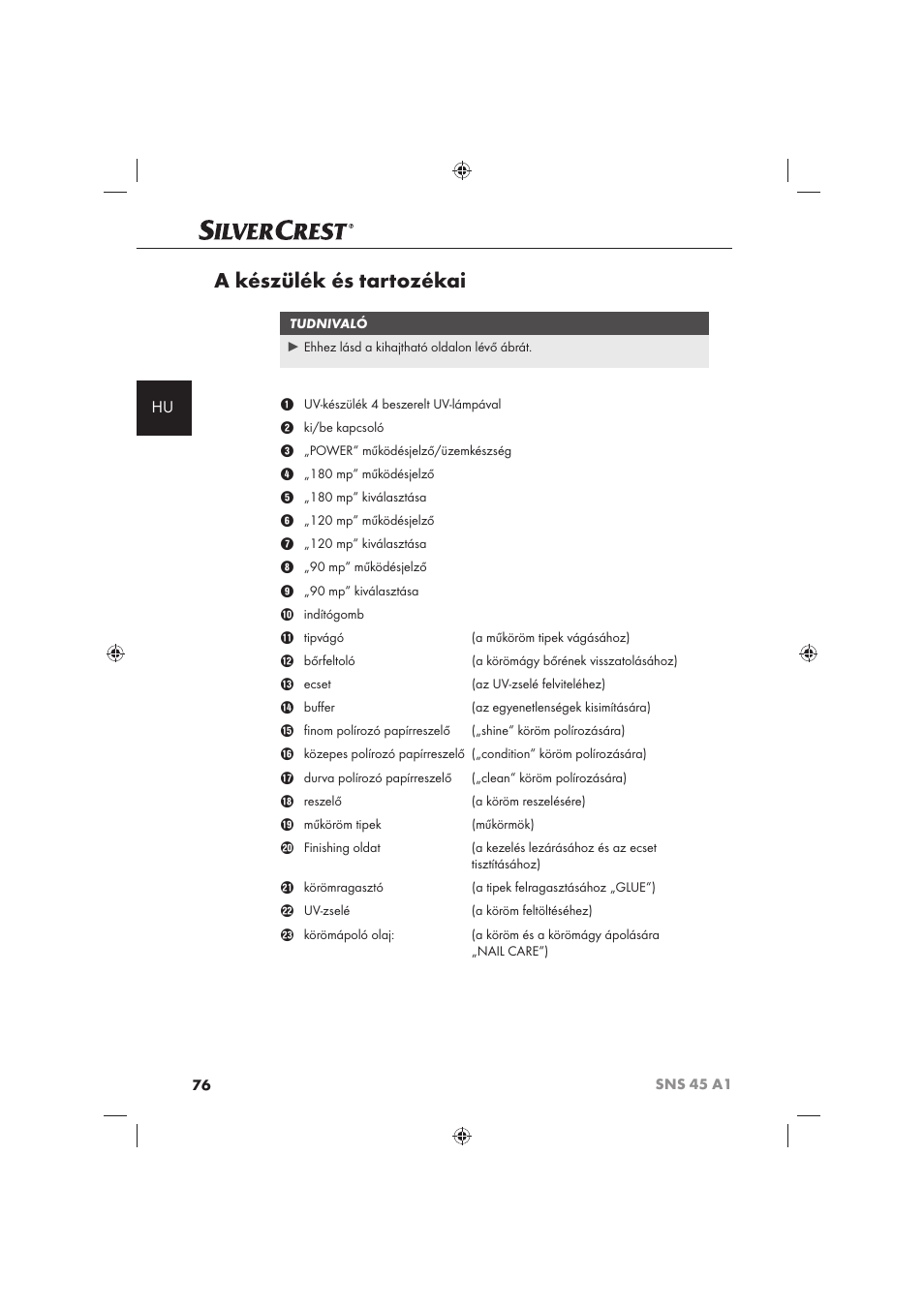 A készülék és tartozékai | Silvercrest SNS 45 A1 User Manual | Page 76 / 194