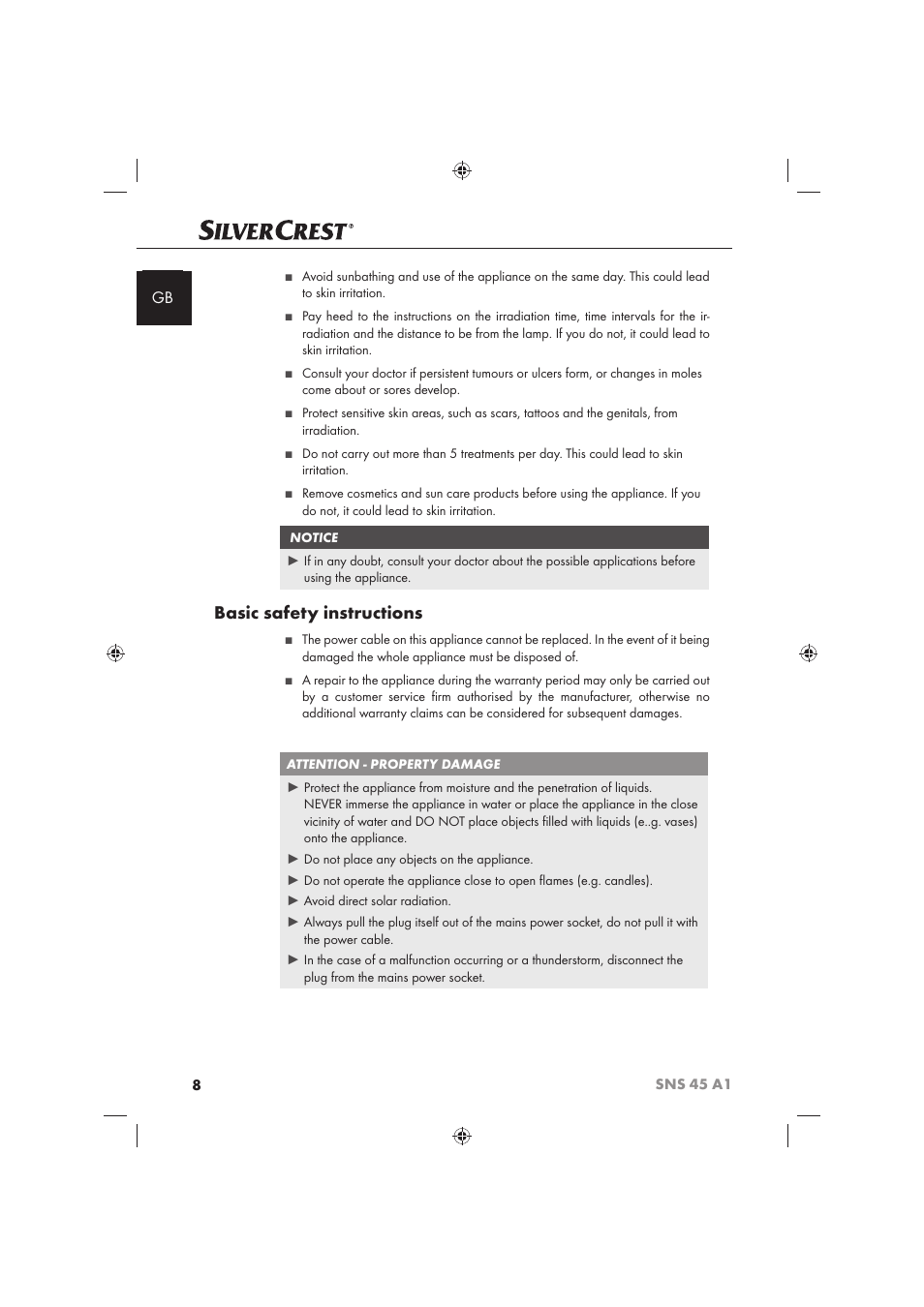 Basic safety instructions | Silvercrest SNS 45 A1 User Manual | Page 8 / 194