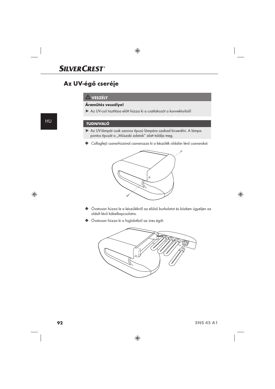 Az uv-égő cseréje | Silvercrest SNS 45 A1 User Manual | Page 92 / 194