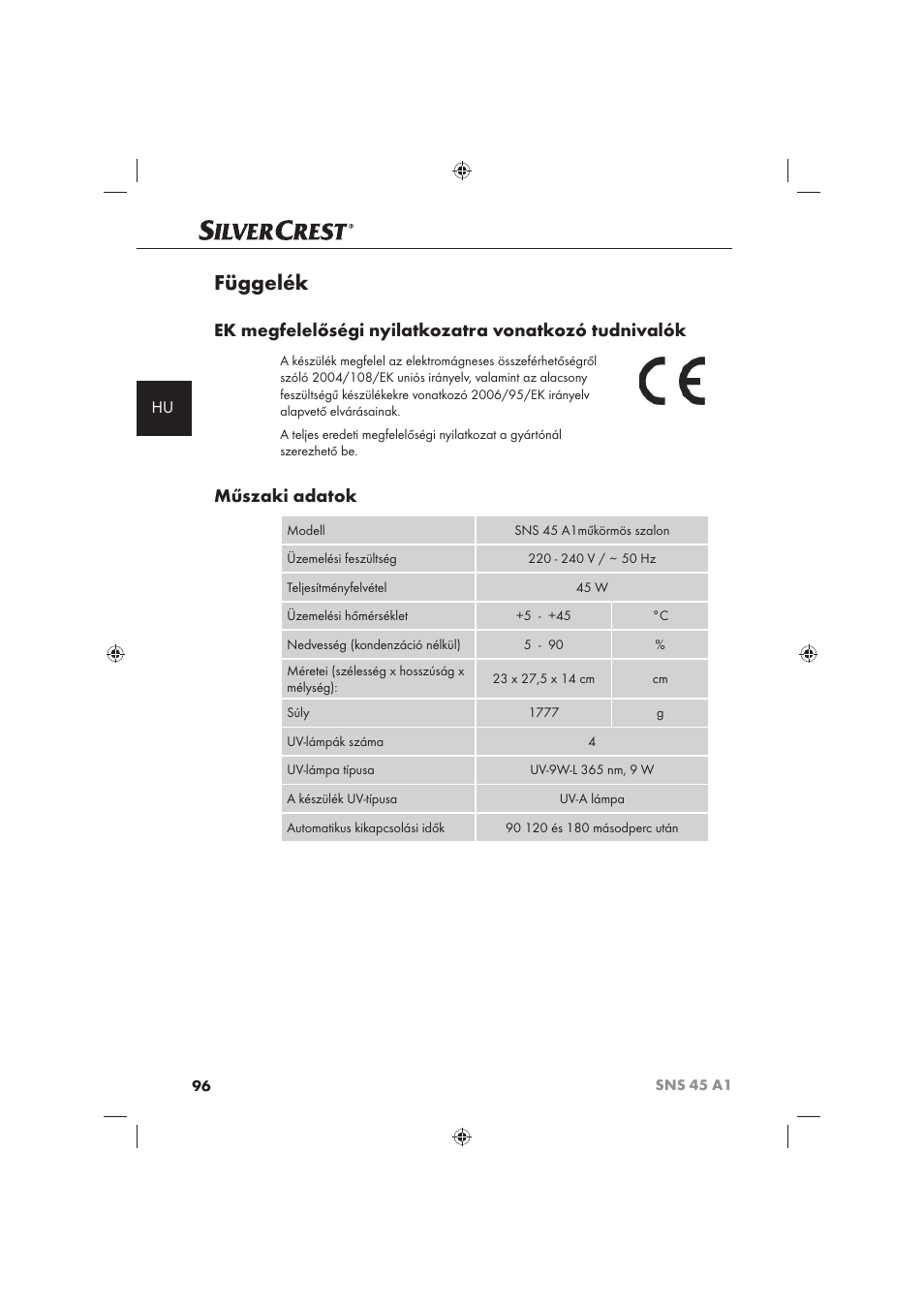 Függelék, Műszaki adatok | Silvercrest SNS 45 A1 User Manual | Page 96 / 194