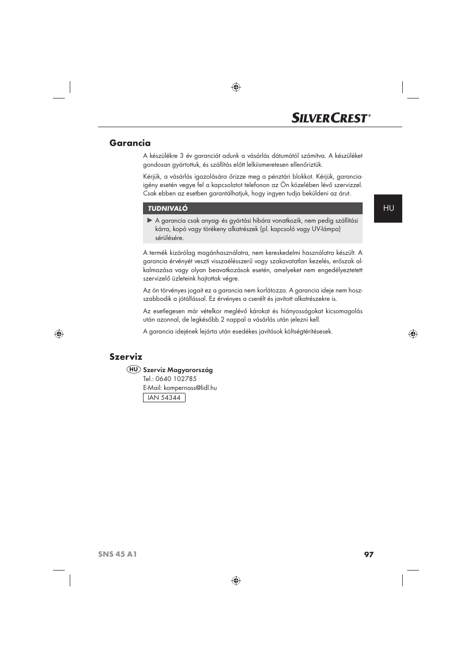 Garancia, Szerviz | Silvercrest SNS 45 A1 User Manual | Page 97 / 194