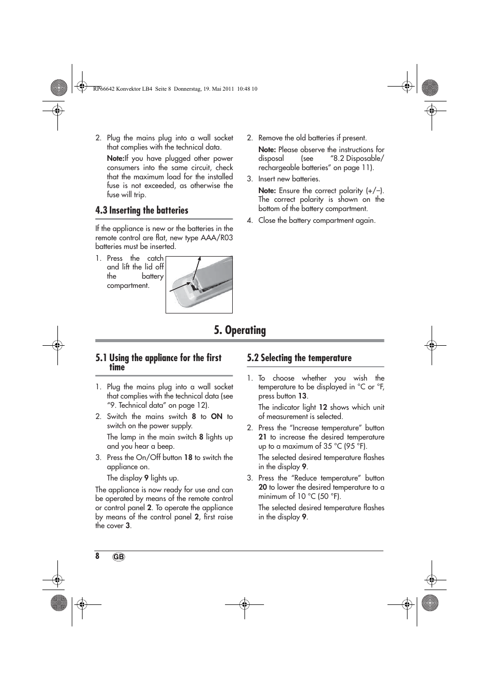 Operating, 3 inserting the batteries, 1 using the appliance for the ﬁrst time | 2 selecting the temperature | Silvercrest SKT 2300 A1 User Manual | Page 10 / 82