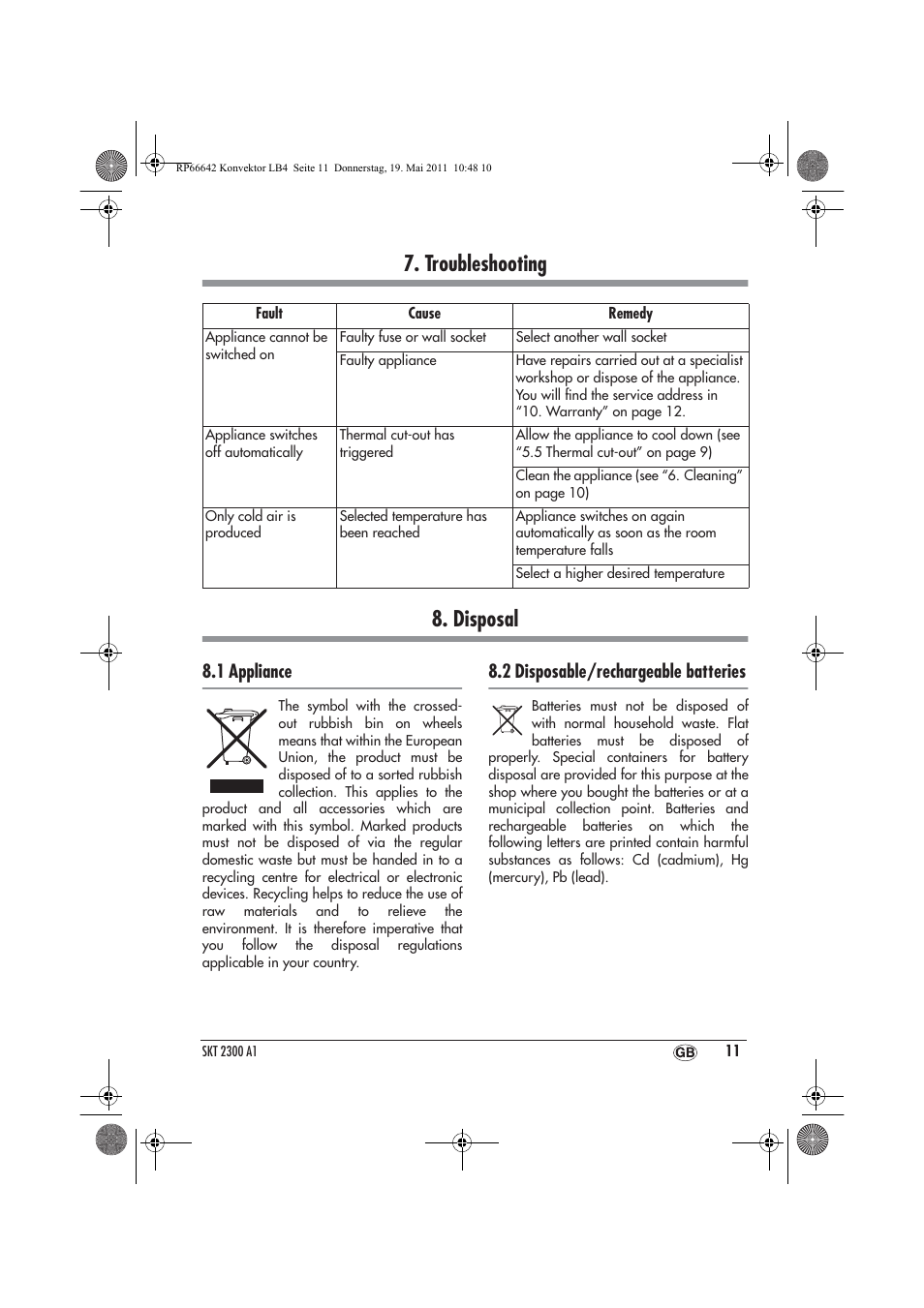 Troubleshooting 8. disposal, 1 appliance, 2 disposable/rechargeable batteries | Silvercrest SKT 2300 A1 User Manual | Page 13 / 82