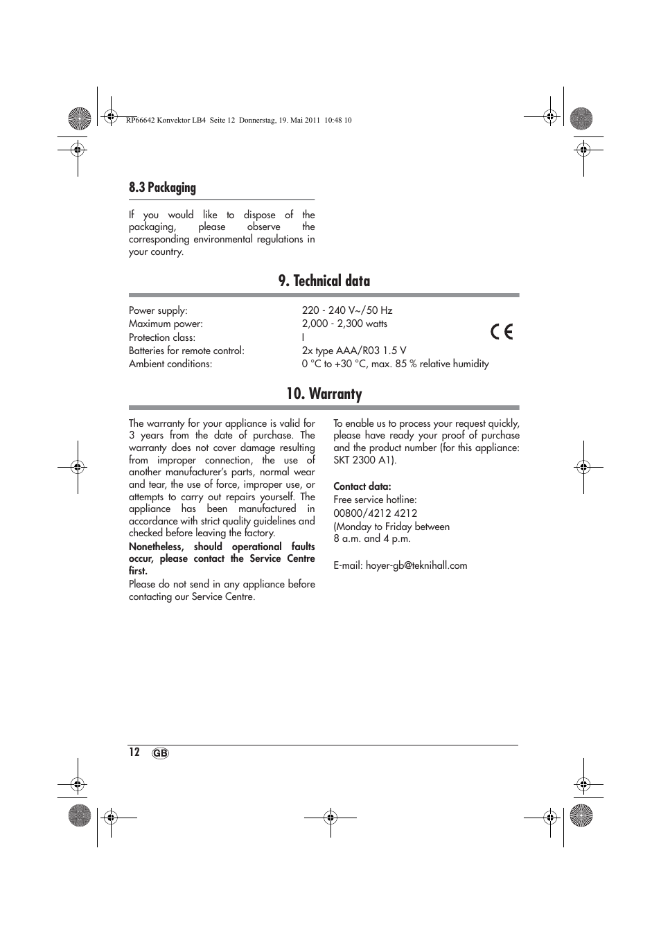 Technical data, Warranty, 3 packaging | Silvercrest SKT 2300 A1 User Manual | Page 14 / 82