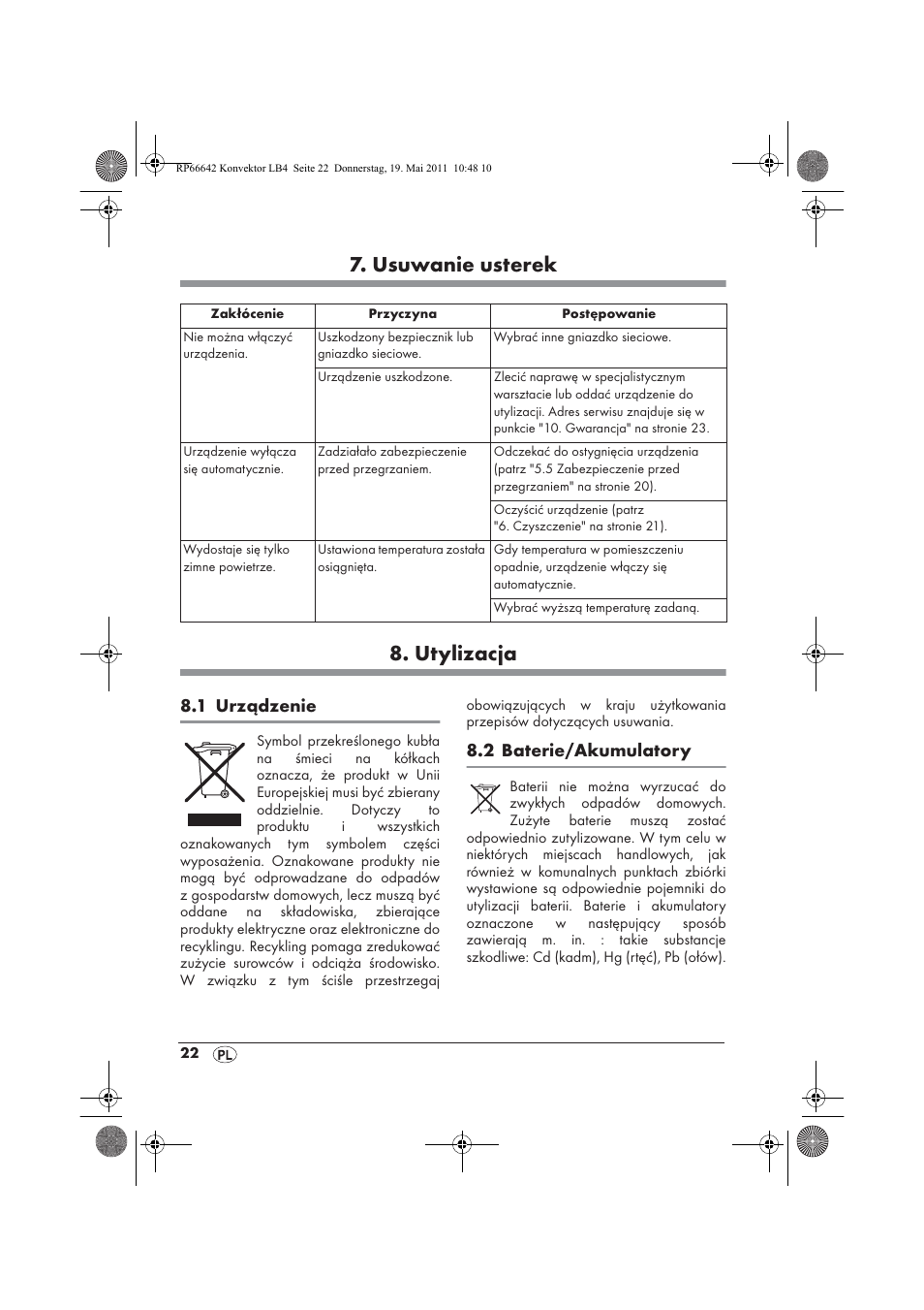 Usuwanie usterek 8. utylizacja, 1 urządzenie, 2 baterie/akumulatory | Silvercrest SKT 2300 A1 User Manual | Page 24 / 82