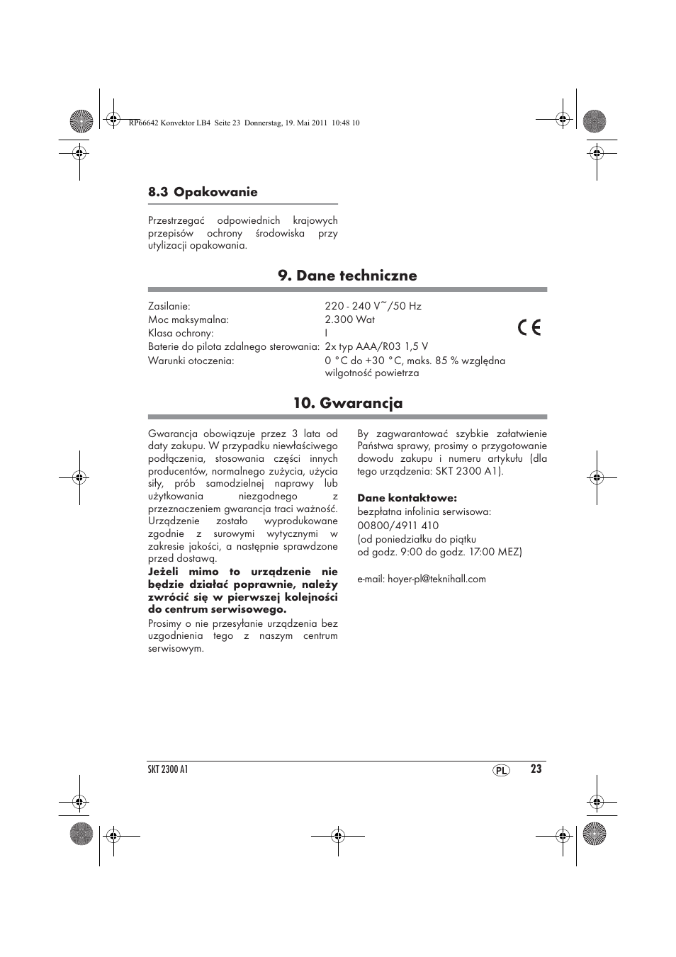 Dane techniczne, Gwarancja | Silvercrest SKT 2300 A1 User Manual | Page 25 / 82