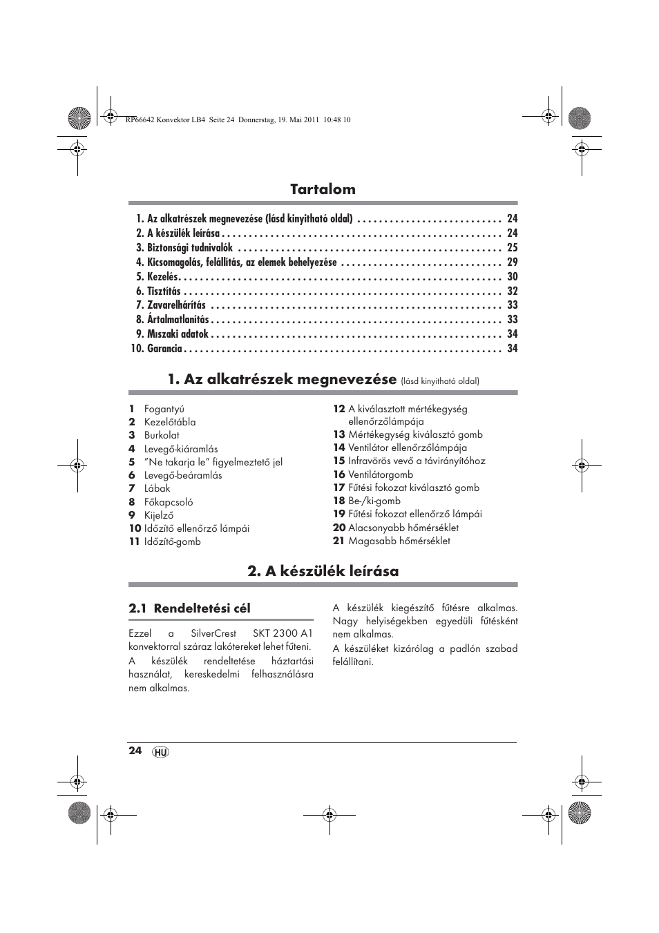 Tartalom, Az alkatrészek megnevezése, A készülék leírása | Silvercrest SKT 2300 A1 User Manual | Page 26 / 82