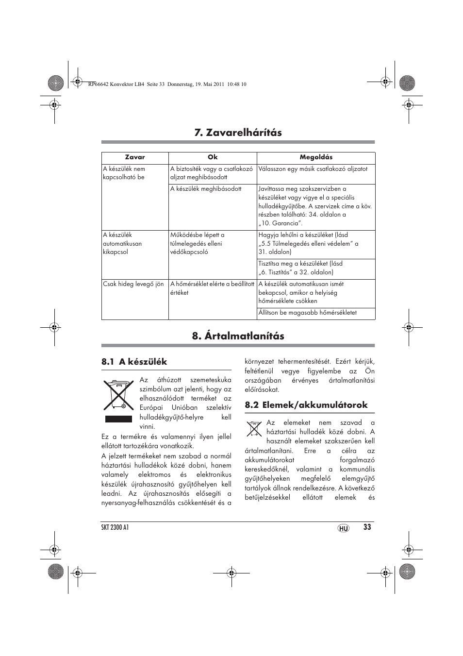 Zavarelhárítás 8. ártalmatlanítás, 1 a készülék, 2 elemek/akkumulátorok | Silvercrest SKT 2300 A1 User Manual | Page 35 / 82