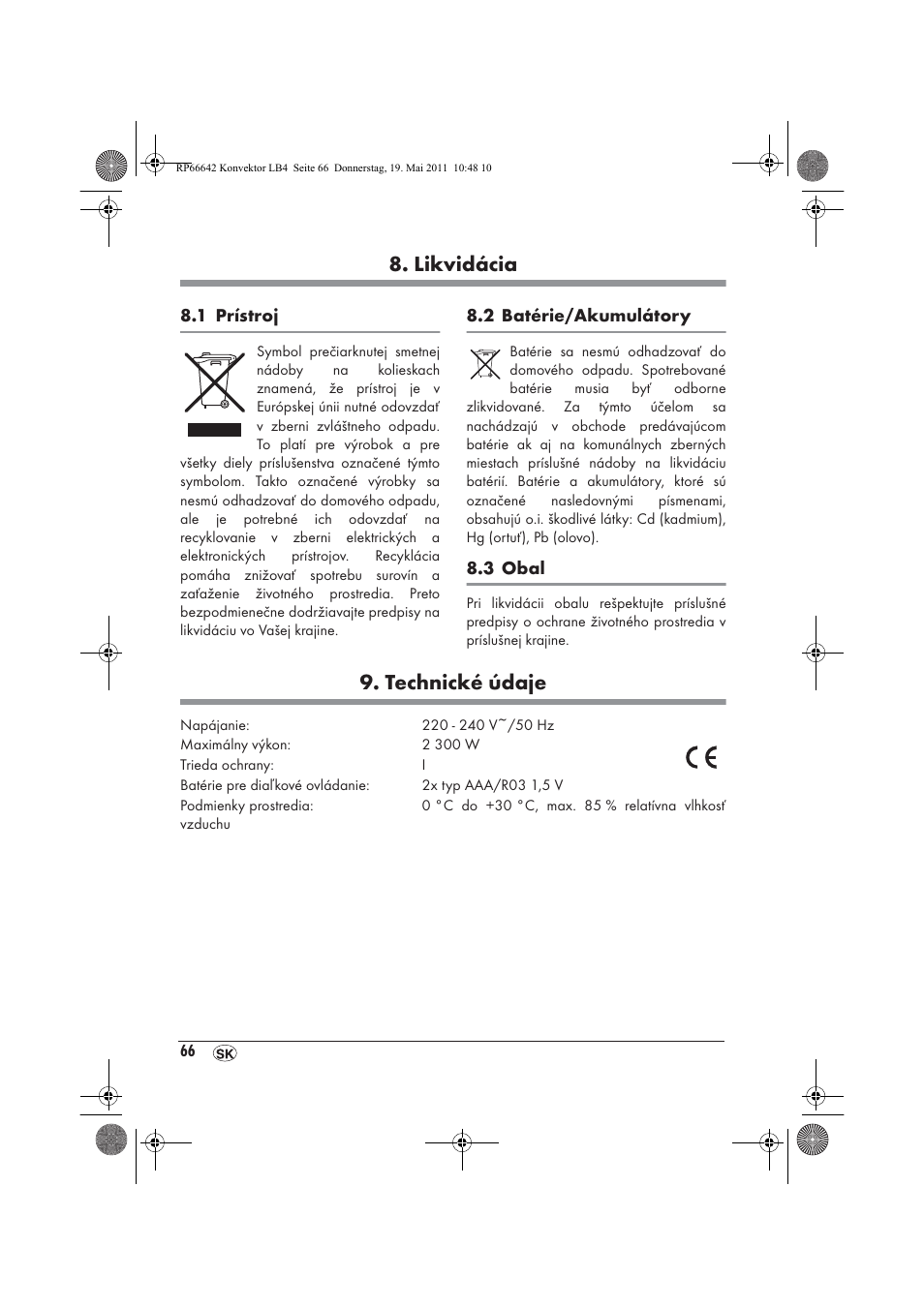 Likvidácia, Technické údaje | Silvercrest SKT 2300 A1 User Manual | Page 68 / 82