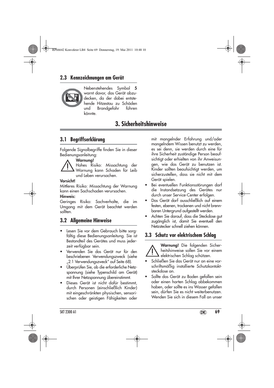 Sicherheitshinweise, 3 kennzeichnungen am gerät, 1 begriffserklärung | 2 allgemeine hinweise, 3 schutz vor elektrischem schlag | Silvercrest SKT 2300 A1 User Manual | Page 71 / 82