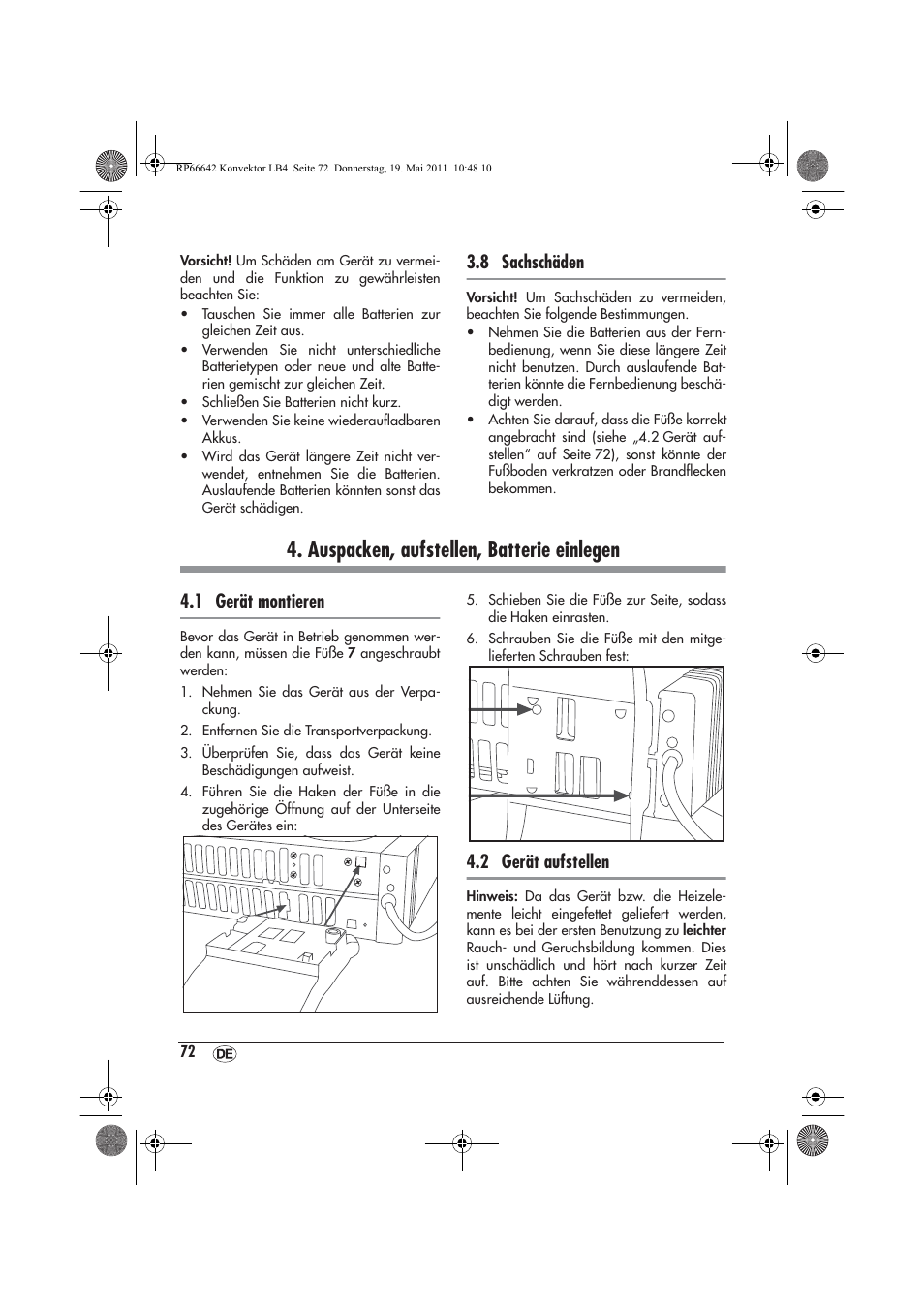 Auspacken, aufstellen, batterie einlegen, 8 sachschäden, 1 gerät montieren | 2 gerät aufstellen | Silvercrest SKT 2300 A1 User Manual | Page 74 / 82