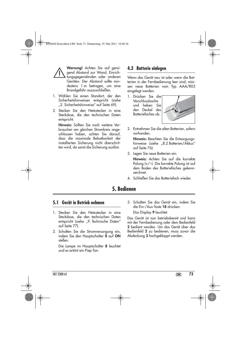 Bedienen, 3 batterie einlegen, 1 gerät in betrieb nehmen | Silvercrest SKT 2300 A1 User Manual | Page 75 / 82