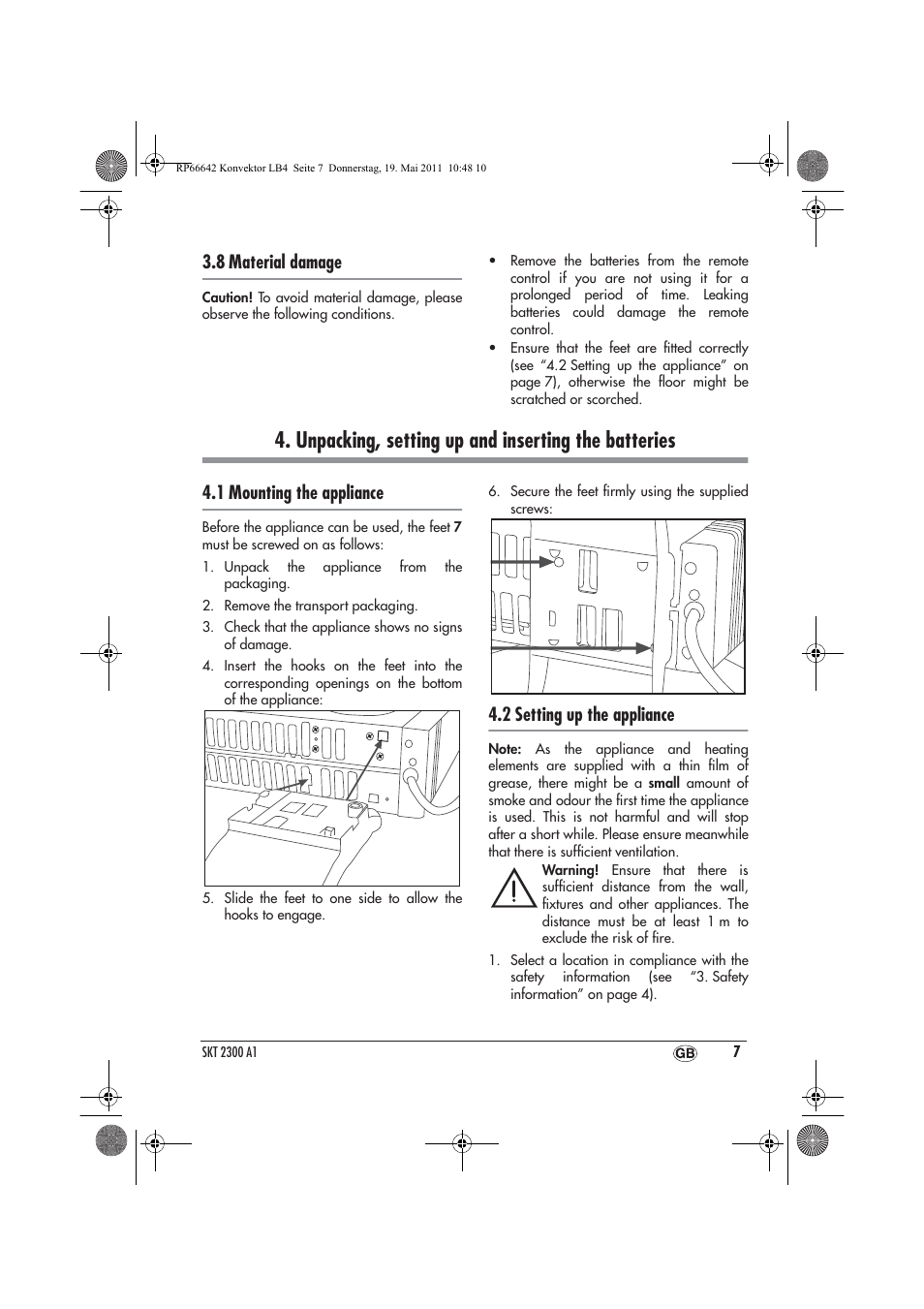 Unpacking, setting up and inserting the batteries, 8 material damage, 1 mounting the appliance | 2 setting up the appliance | Silvercrest SKT 2300 A1 User Manual | Page 9 / 82