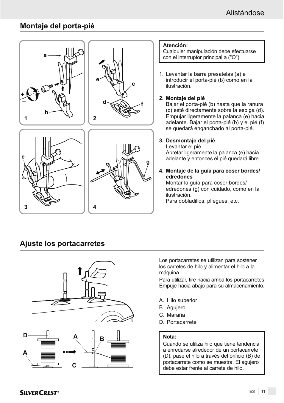 Ajuste los portacarretes, Montaje del porta-pié alistándose | Silvercrest SNMD 33 A1 User Manual | Page 11 / 94