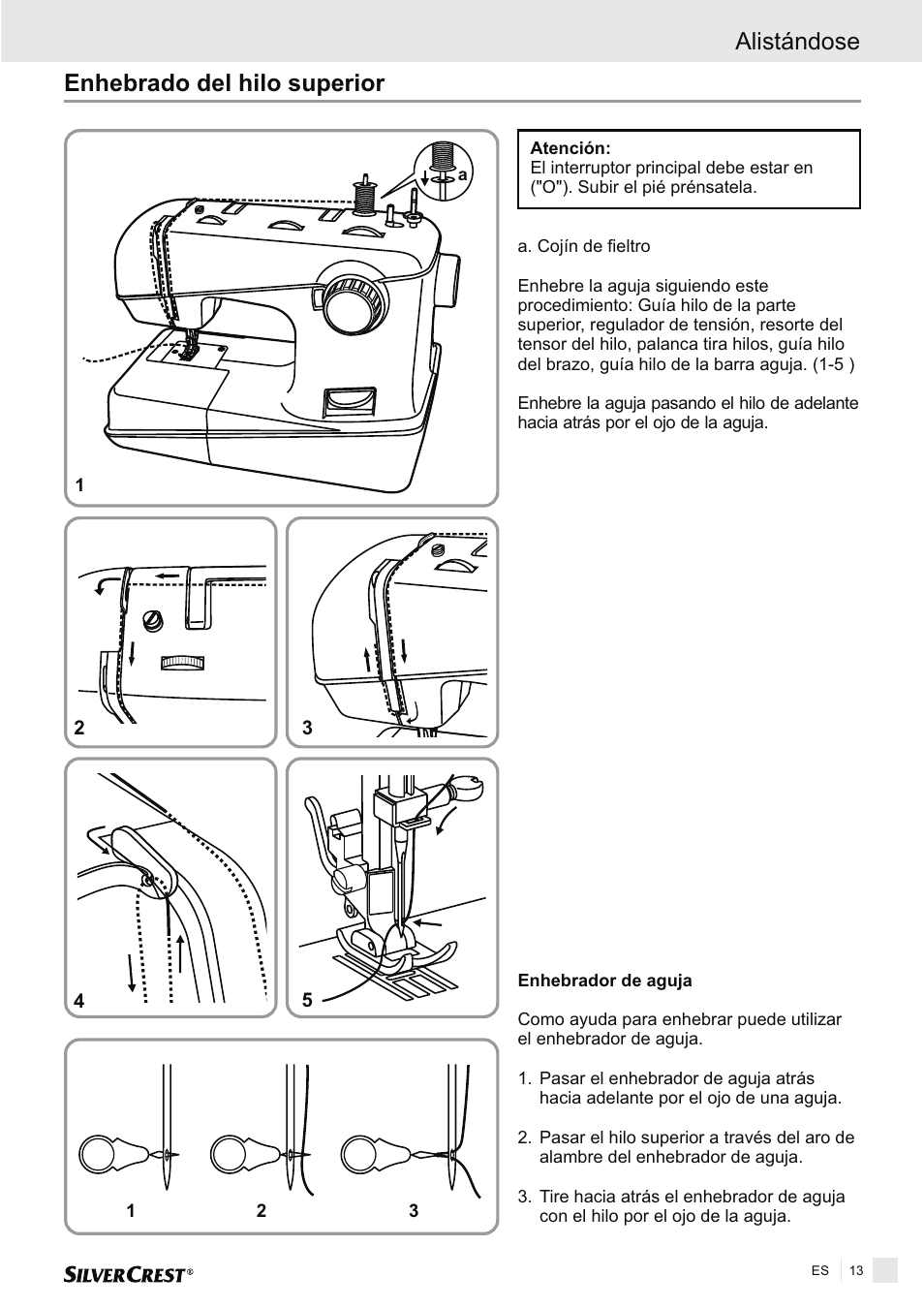 Enhebrado del hilo superior alistándose | Silvercrest SNMD 33 A1 User Manual | Page 13 / 94