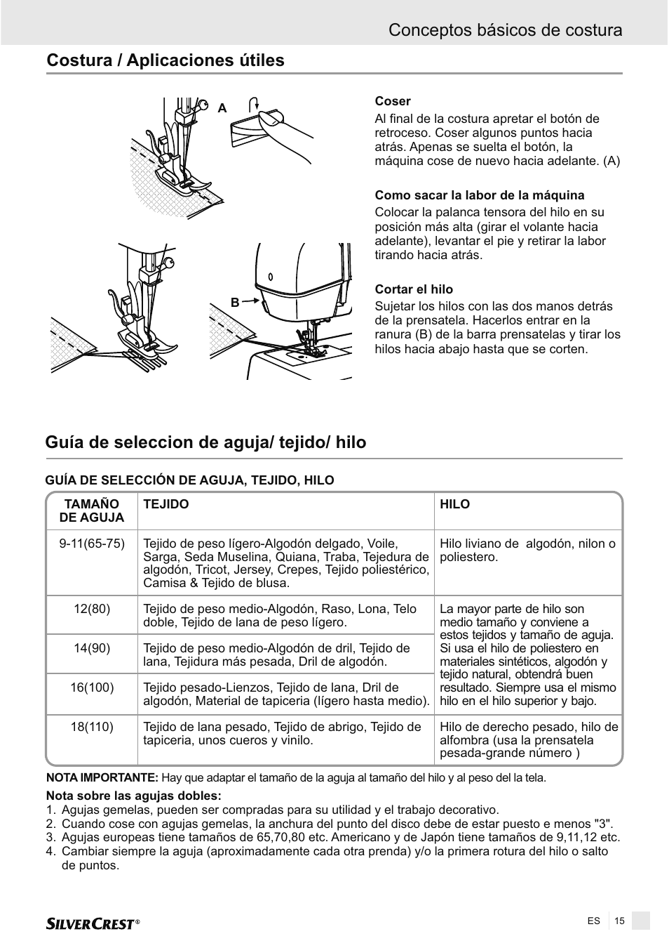 Costura / aplicaciones útiles, Guía de seleccion de aguja/ tejido/ hilo, Conceptos básicos de costura | Silvercrest SNMD 33 A1 User Manual | Page 15 / 94