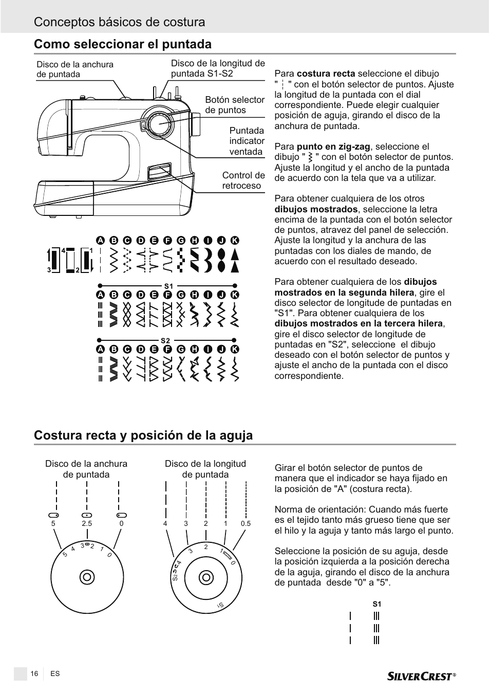 Como seleccionar el puntada, Costura recta y posición de la aguja, Conceptos básicos de costura | Silvercrest SNMD 33 A1 User Manual | Page 16 / 94