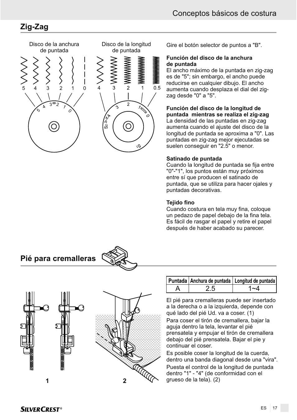 Zig-zag, Pié para cremalleras, Conceptos básicos de costura | A2.5 1~4 | Silvercrest SNMD 33 A1 User Manual | Page 17 / 94