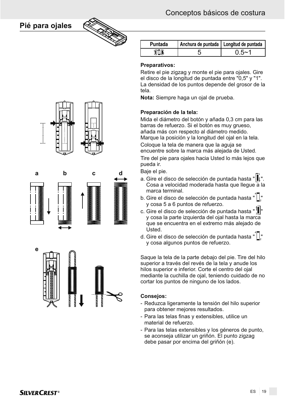 Pié para ojales, Conceptos básicos de costura | Silvercrest SNMD 33 A1 User Manual | Page 19 / 94