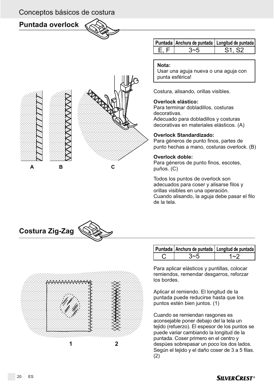 Puntada overlock, Costura zig-zag, Conceptos básicos de costura | Silvercrest SNMD 33 A1 User Manual | Page 20 / 94