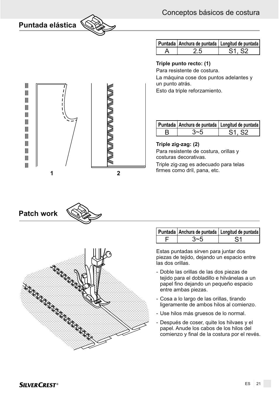 Patch work, Conceptos básicos de costura puntada elástica | Silvercrest SNMD 33 A1 User Manual | Page 21 / 94
