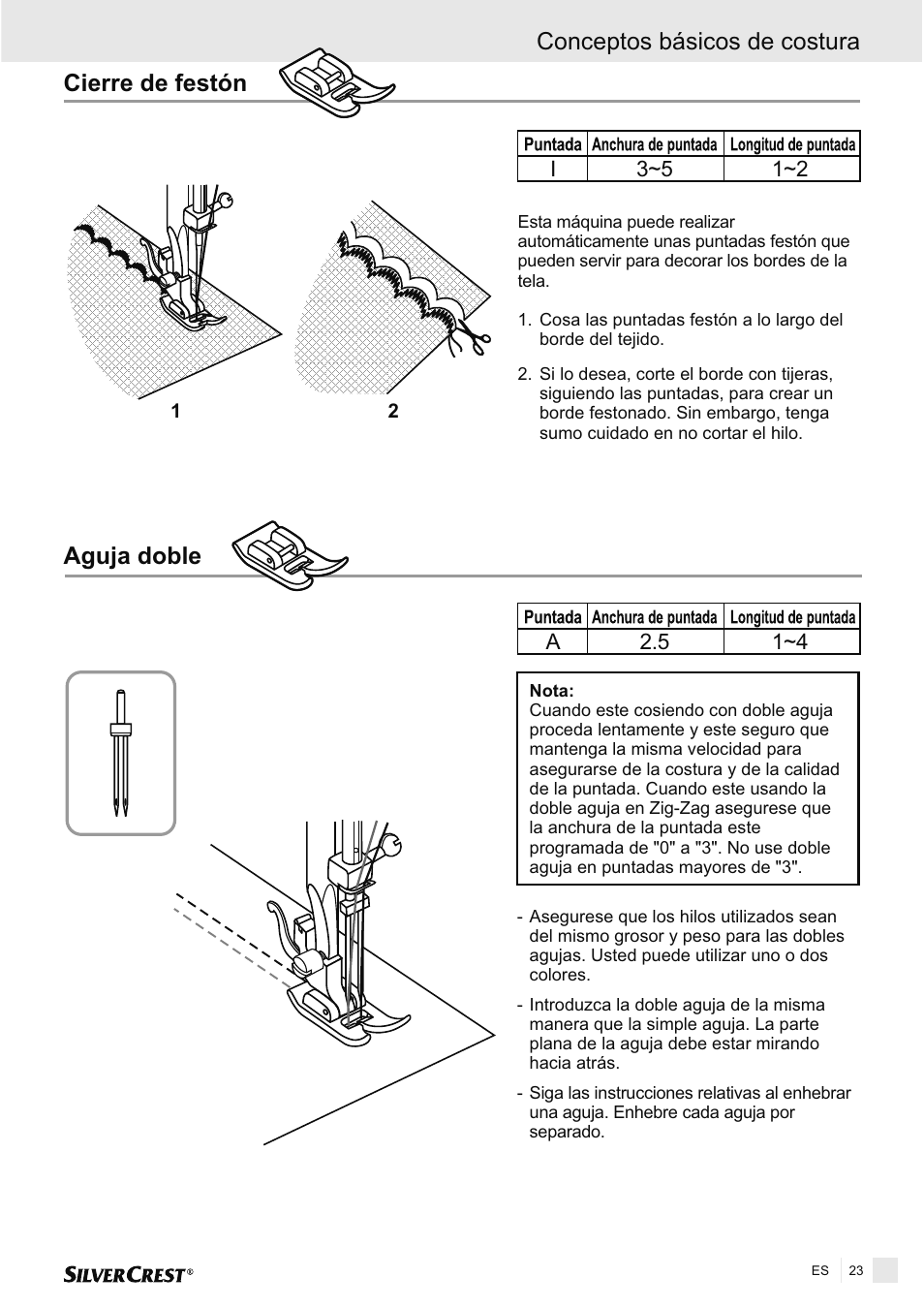 Cierre de festón, Aguja doble, Conceptos básicos de costura | Silvercrest SNMD 33 A1 User Manual | Page 23 / 94