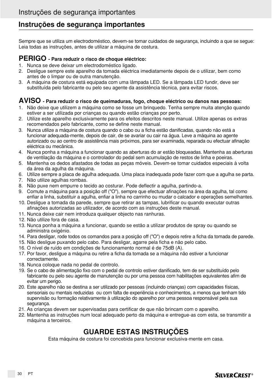 Perigo aviso guarde estas instruções, Instruções de segurança importantes | Silvercrest SNMD 33 A1 User Manual | Page 30 / 94