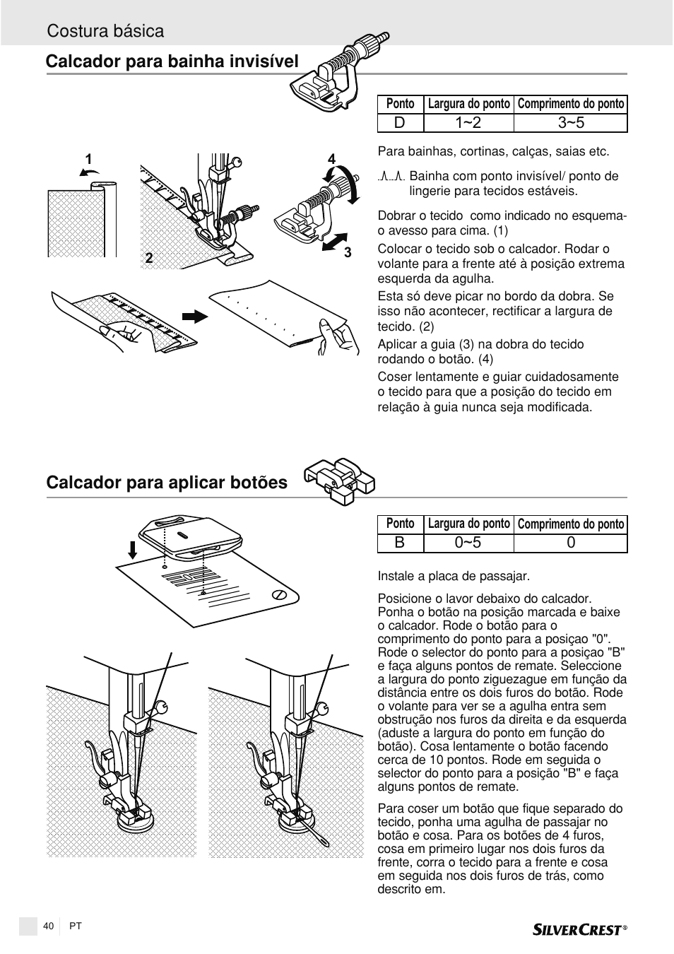 Calcador para bainha invisível, Calcador para aplicar botões, Costura básica | Silvercrest SNMD 33 A1 User Manual | Page 40 / 94