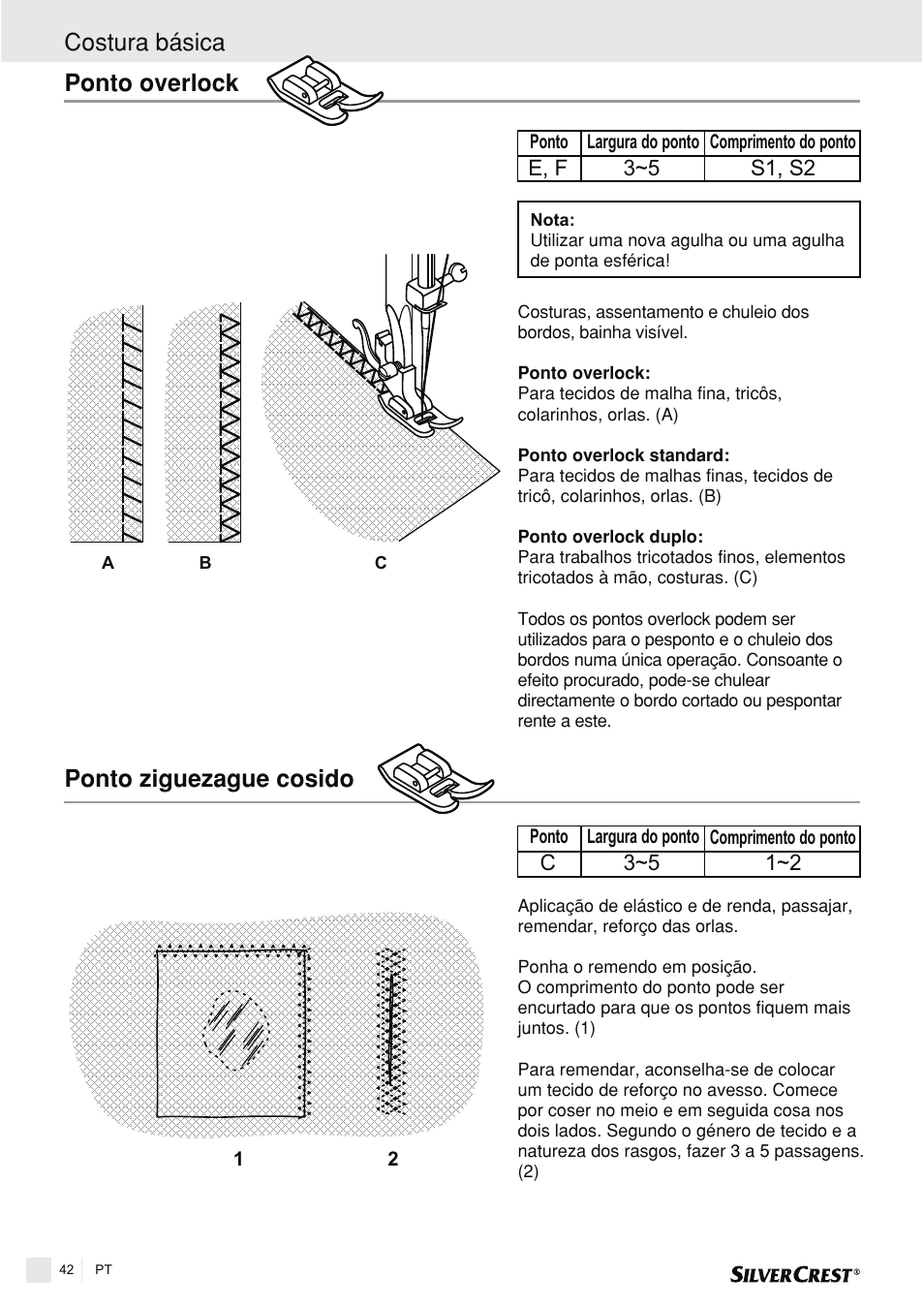 Ponto overlock, Ponto ziguezague cosido, Costura básica | Silvercrest SNMD 33 A1 User Manual | Page 42 / 94