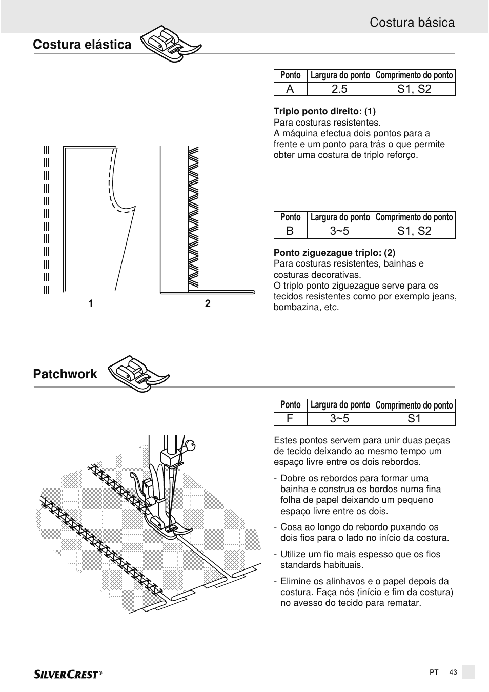 Patchwork, Costura básica costura elástica | Silvercrest SNMD 33 A1 User Manual | Page 43 / 94