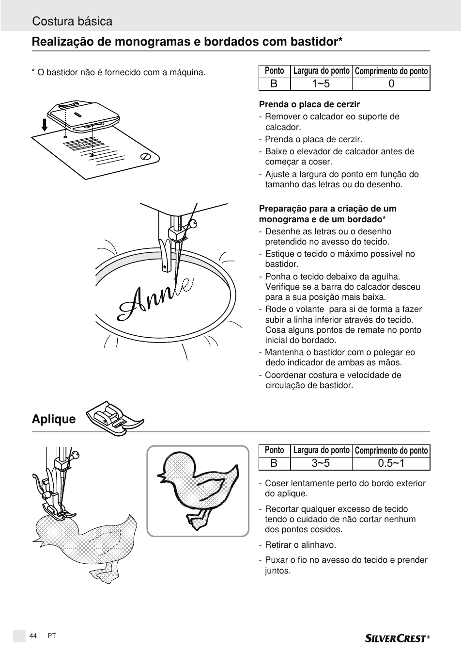 Realização de monogramas e bordados com bastidor, Aplique, Costura básica | Silvercrest SNMD 33 A1 User Manual | Page 44 / 94