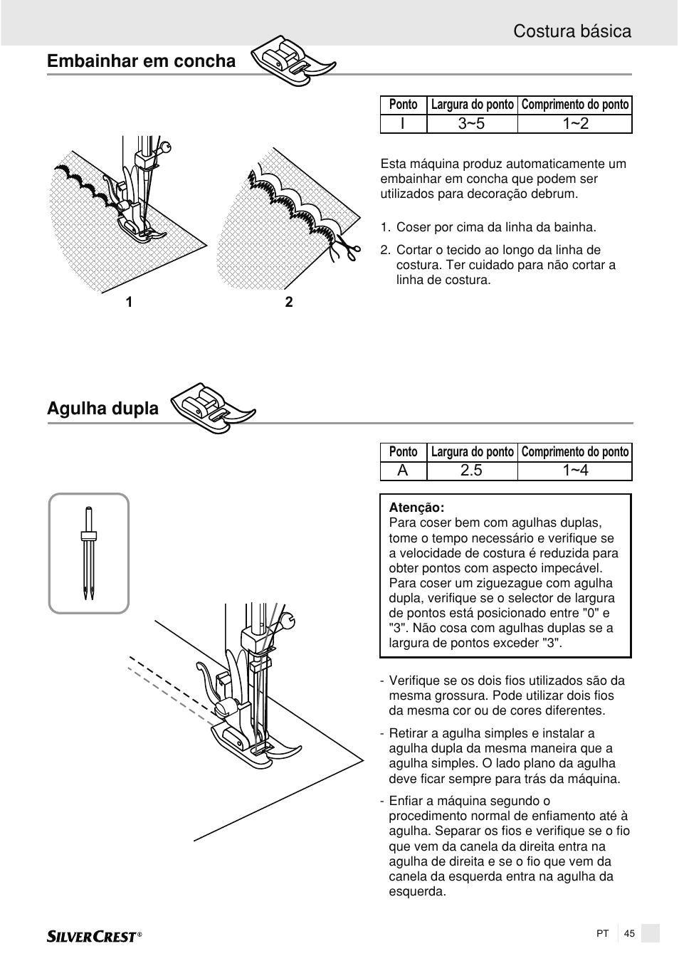 Embainhar em concha, Agulha dupla, Costura básica | Silvercrest SNMD 33 A1 User Manual | Page 45 / 94