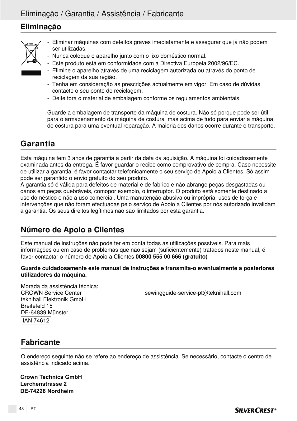 Número de apoio a clientes, Eliminação | Silvercrest SNMD 33 A1 User Manual | Page 48 / 94