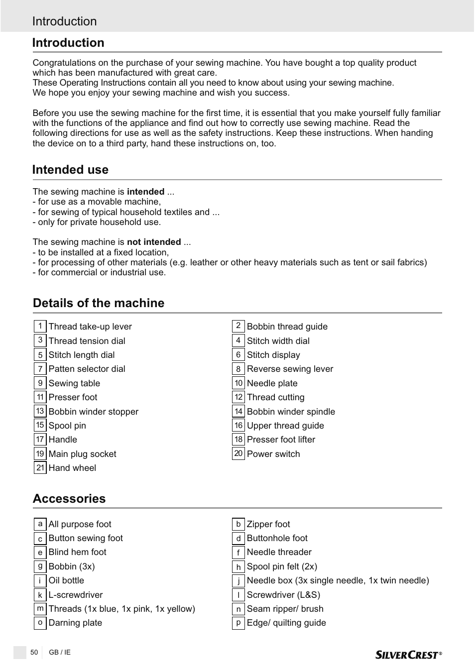 Introduction intended use, Introduction, Details of the machine accessories | Silvercrest SNMD 33 A1 User Manual | Page 50 / 94