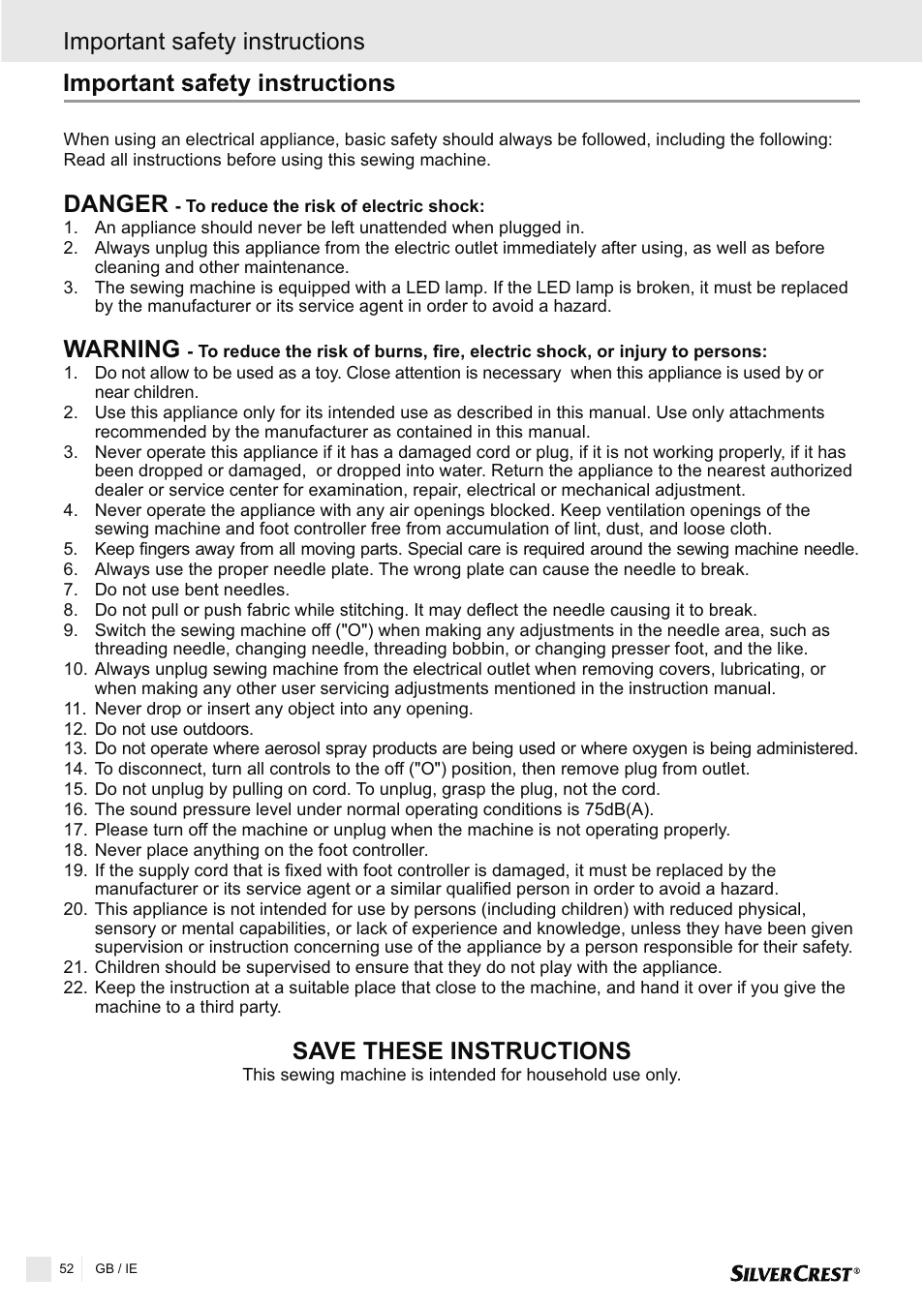 Important safety instructions, Danger save these instructions, Warning | Silvercrest SNMD 33 A1 User Manual | Page 52 / 94