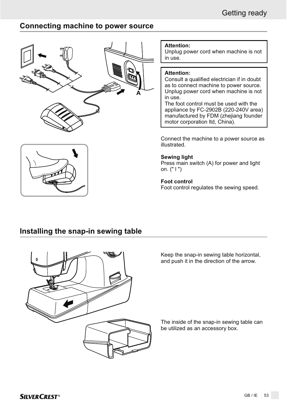 Connecting machine to power source, Installing the snap-in sewing table, Getting ready | Silvercrest SNMD 33 A1 User Manual | Page 53 / 94