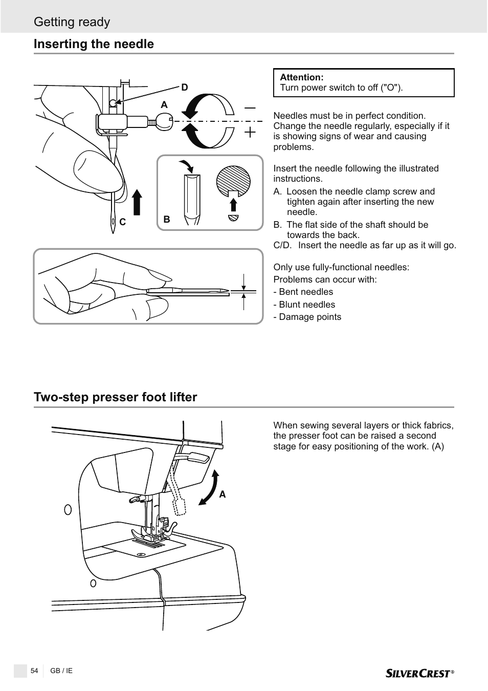 Two-step presser foot lifter, Inserting the needle getting ready | Silvercrest SNMD 33 A1 User Manual | Page 54 / 94