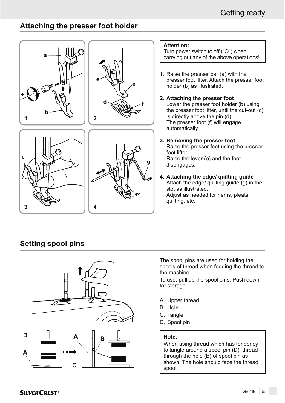 Attaching the presser foot holder, Setting spool pins, Getting ready | Silvercrest SNMD 33 A1 User Manual | Page 55 / 94