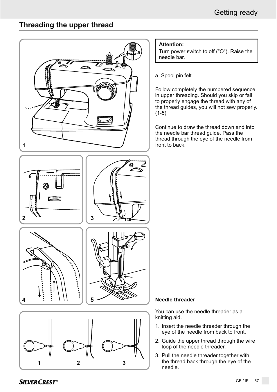 Threading the upper thread, Getting ready | Silvercrest SNMD 33 A1 User Manual | Page 57 / 94
