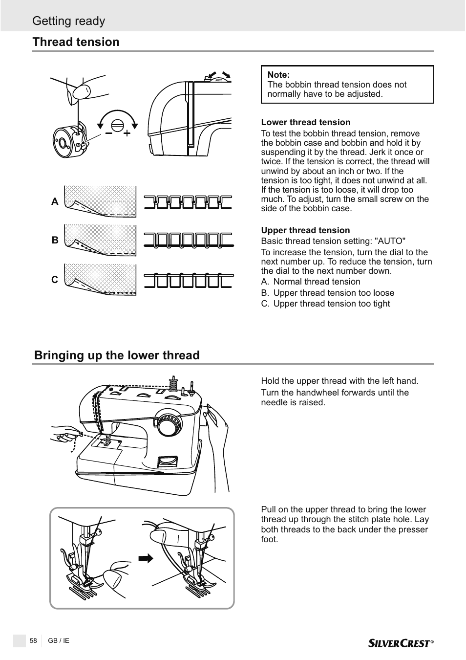 Thread tension, Bringing up the lower thread, Getting ready | Silvercrest SNMD 33 A1 User Manual | Page 58 / 94