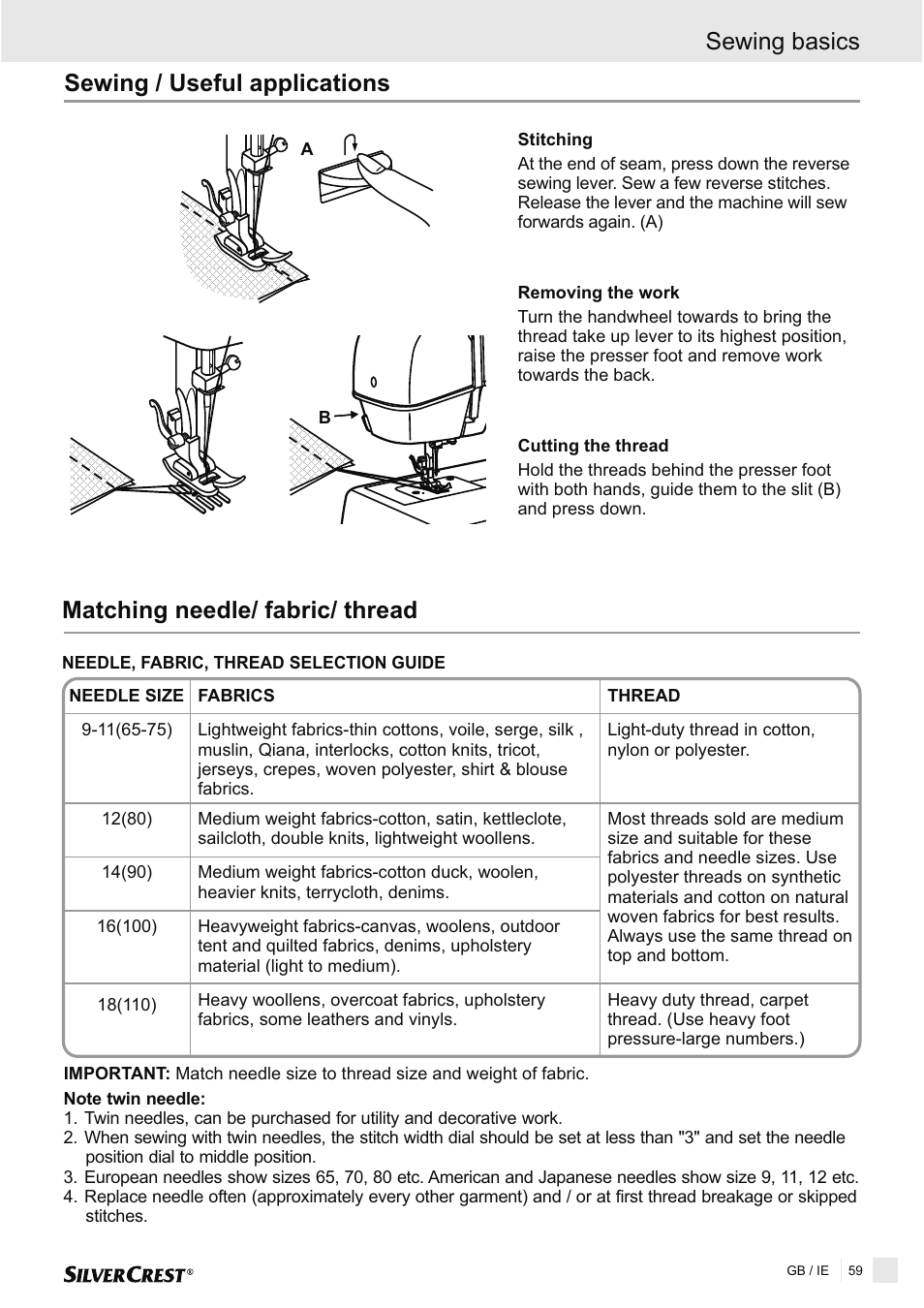 Sewing / useful applications, Matching needle/ fabric/ thread, Sewing basics | Silvercrest SNMD 33 A1 User Manual | Page 59 / 94