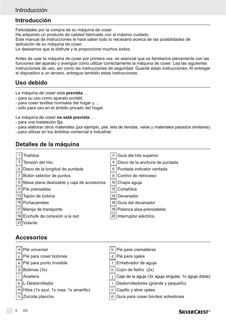 Detalles de la máquina introducción, Introducción uso debido, Accesorios | Silvercrest SNMD 33 A1 User Manual | Page 6 / 94