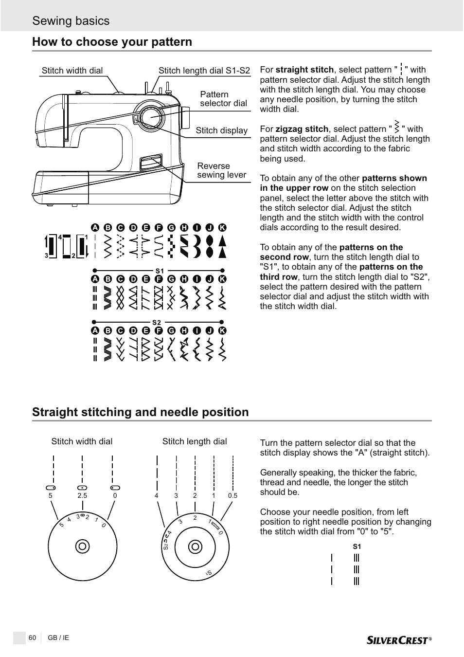 How to choose your pattern, Straight stitching and needle position, Sewing basics | Silvercrest SNMD 33 A1 User Manual | Page 60 / 94