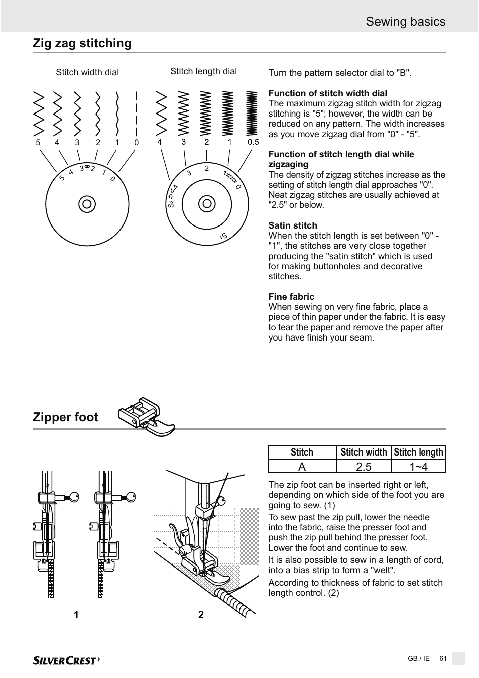 Zig zag stitching, Zipper foot, Sewing basics | A2.5 1~4 | Silvercrest SNMD 33 A1 User Manual | Page 61 / 94
