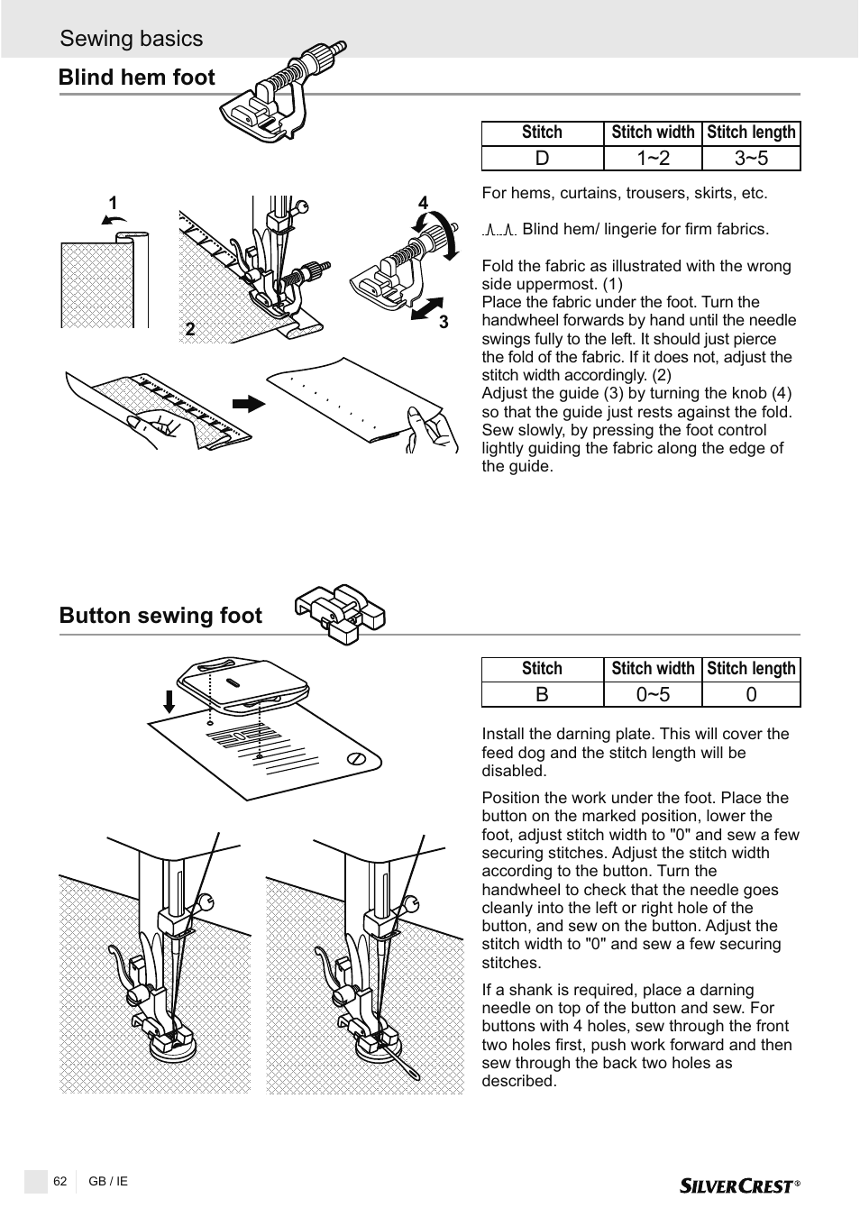 Blind hem foot, Button sewing foot, Sewing basics | Silvercrest SNMD 33 A1 User Manual | Page 62 / 94