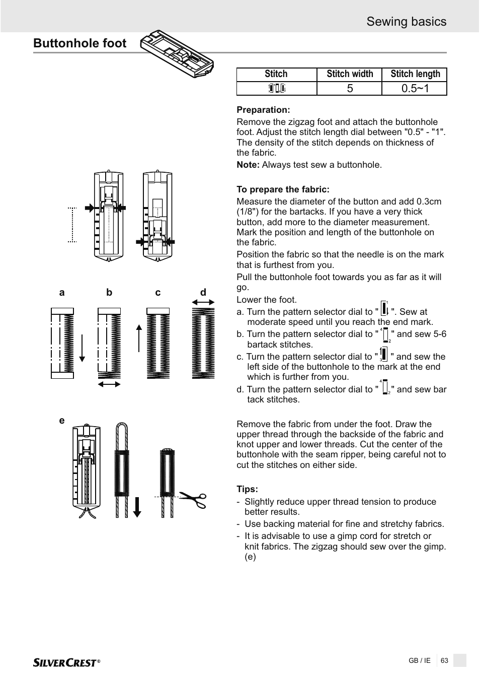 Buttonhole foot, Sewing basics | Silvercrest SNMD 33 A1 User Manual | Page 63 / 94
