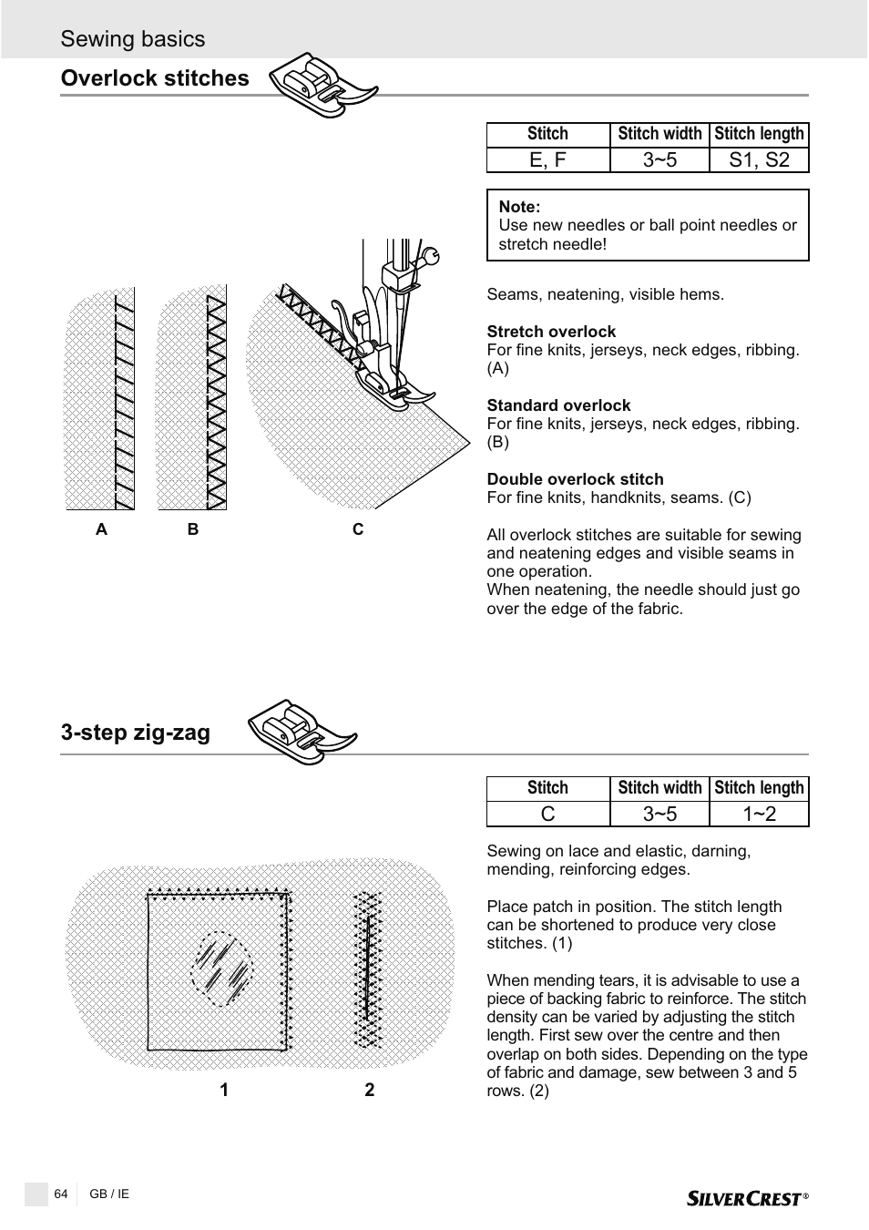 Overlock stitches, Step zig-zag sewing basics | Silvercrest SNMD 33 A1 User Manual | Page 64 / 94