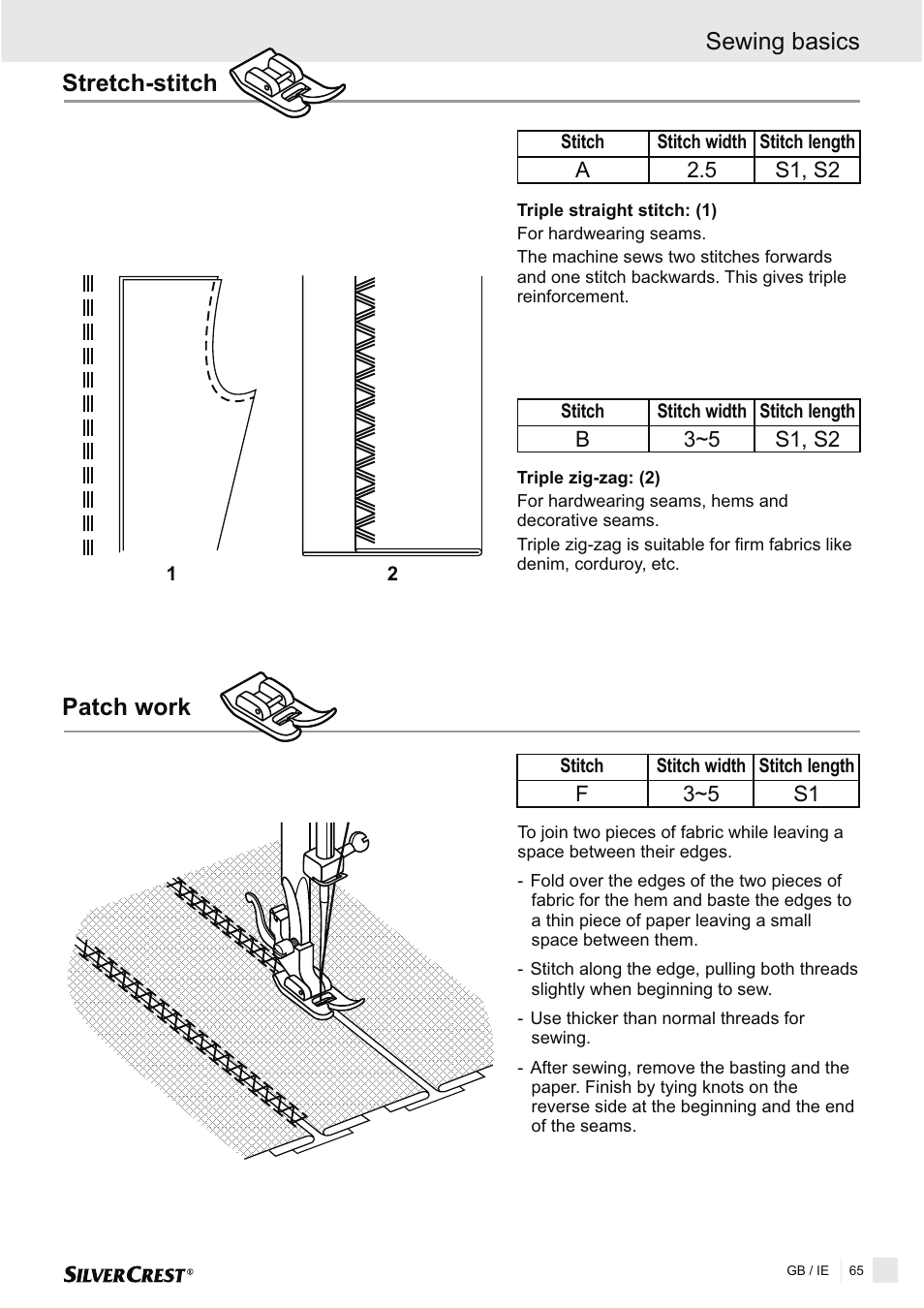 Stretch-stitch, Patch work, Sewing basics | Silvercrest SNMD 33 A1 User Manual | Page 65 / 94