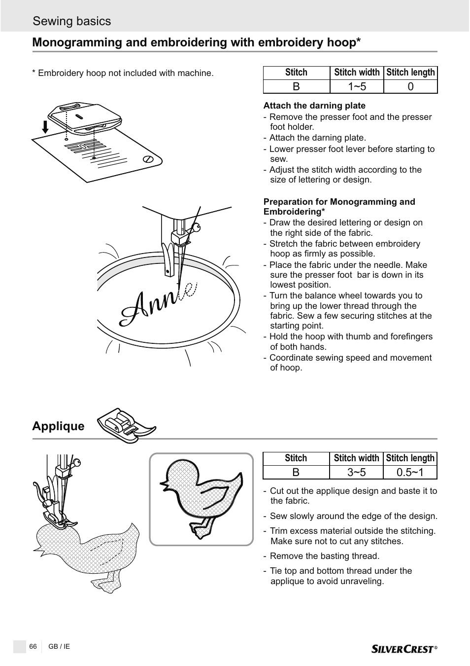 Monogramming and embroidering with embroidery hoop, Applique, Sewing basics | Silvercrest SNMD 33 A1 User Manual | Page 66 / 94