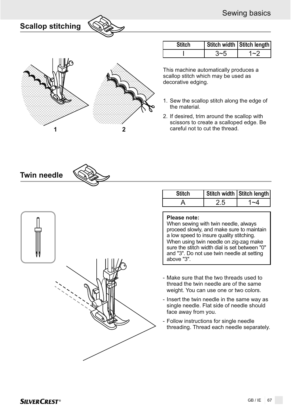 Twin needle, Scallop stitching, Sewing basics | Silvercrest SNMD 33 A1 User Manual | Page 67 / 94